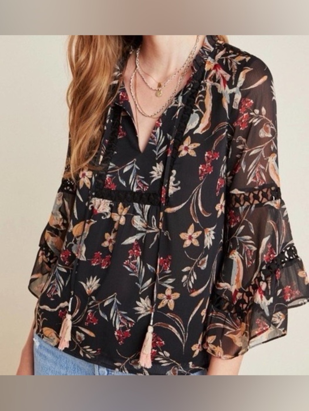 Maeve Black Floral Chiffon Tassel Peasant Blouse